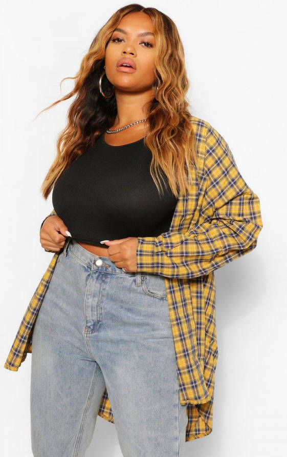 boohoo Plus Oversized Geruite Geborstelde Blouse, Mosterd