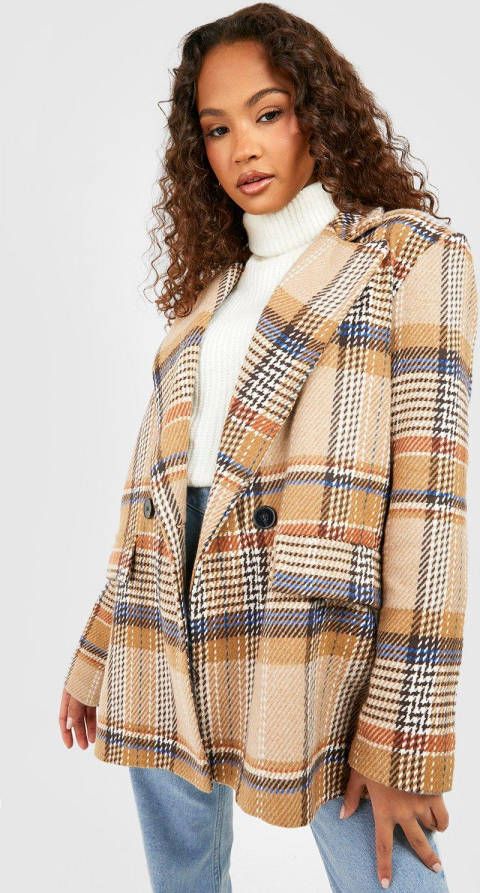 boohoo Premium Getailleerde Monochrome Geruite Blazer, Camel