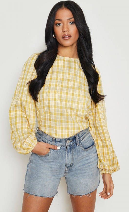 boohoo Tall Geruite Gesmokte Top Met Pofmouwen, Mustard