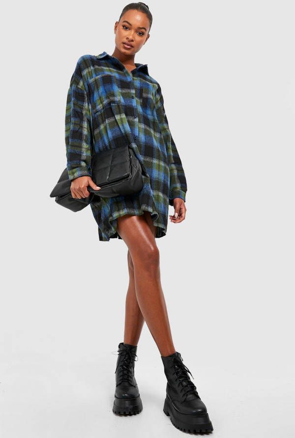 boohoo Tall Oversized Geruite Blousejurk, Khaki