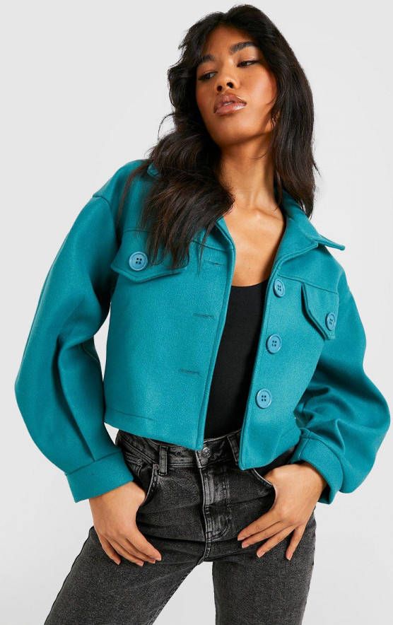 boohoo Trucker Jas Met Pofmouwen, Petrol