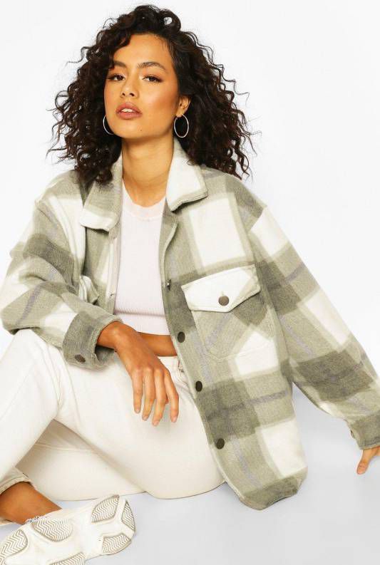 boohoo Monochrome Geruite Trucker Jas, Kaki