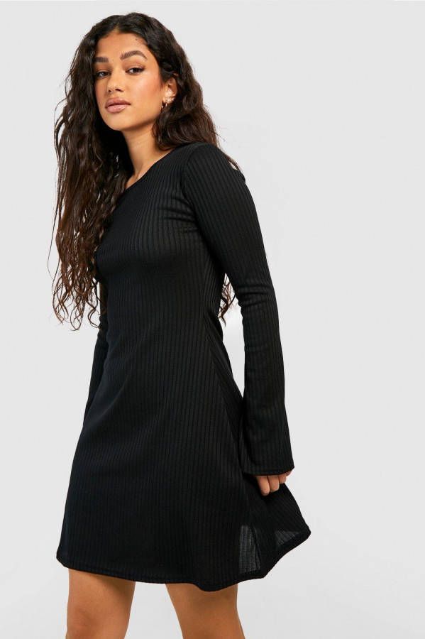 boohoo Zachte Geribbelde Skater Jurk Met Lange Wijde Mouwen, Black