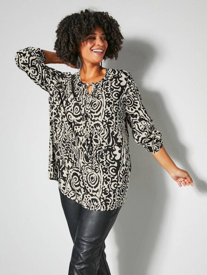 Angel of Style Blouse met bindbandje aan de hals Offwhite/Zwart