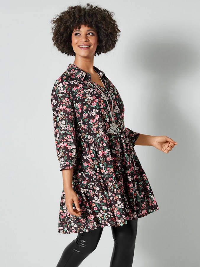 Angel of Style Blouse met bloemendessin rondom Pink/Groen/Zwart