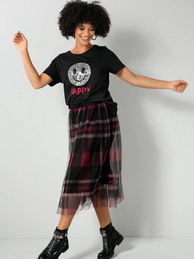 Angel of Style Shirt met paillettensmiley en borduursel Zwart/Zilverkleur/Rood