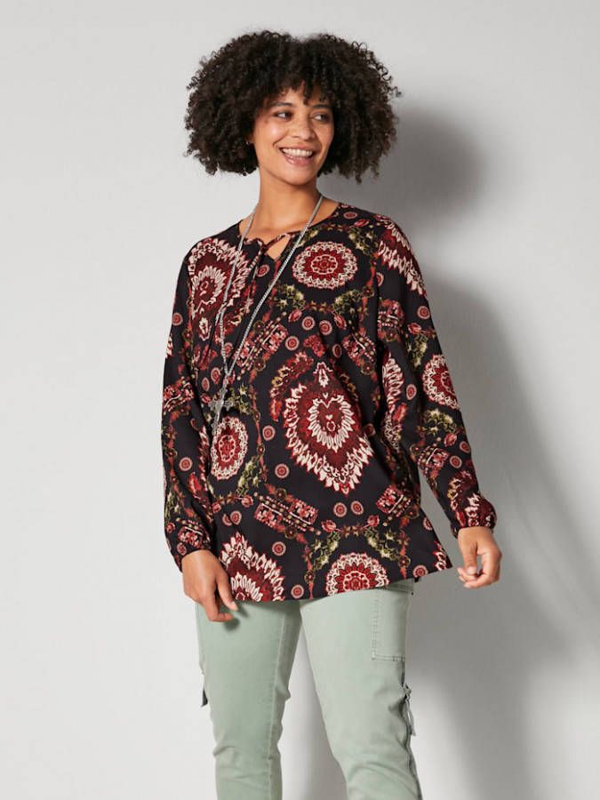 Angel of Style Tuniek met etnopatroon Zwart/Olijf/Berry