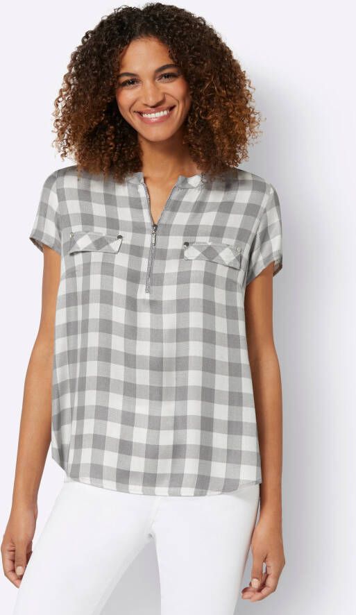 Blouse met korte mouwen in steengrijs/ecru bedrukt van heine