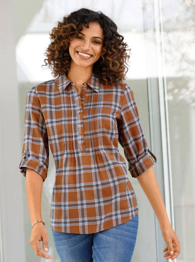 Blouse met lange mouwen in cognac geruit van heine