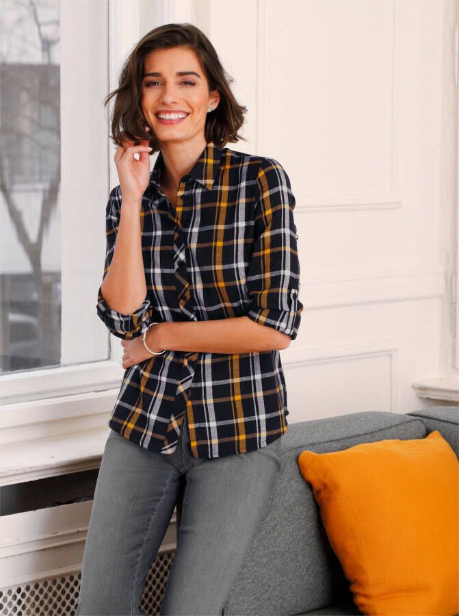 Geruite blouse in marine/oker geruit van heine