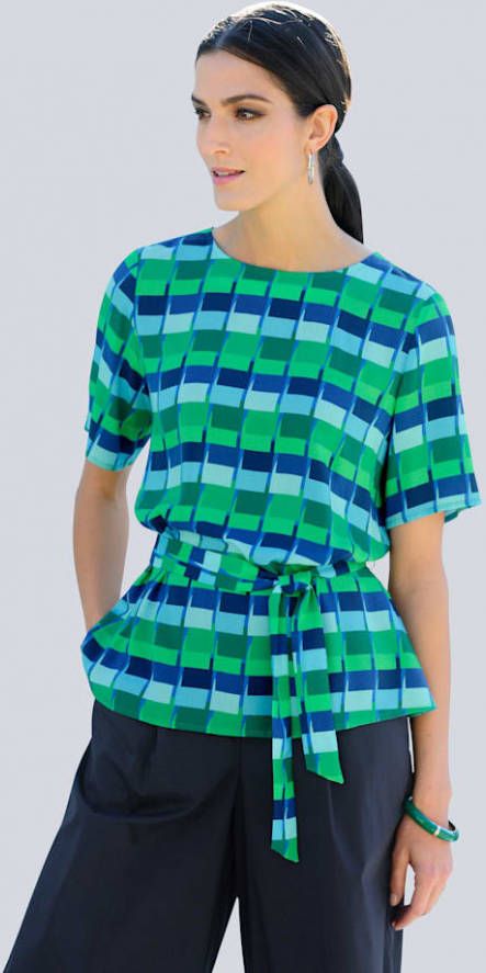 alba moda Blouse met bindceintuur Groen/Blauw