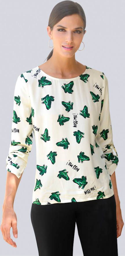alba moda Blouse met kikkerprint Offwhite/Groen