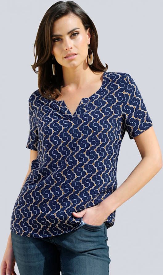 alba moda Blouse met ronde hals Cognac/Marine/Wit