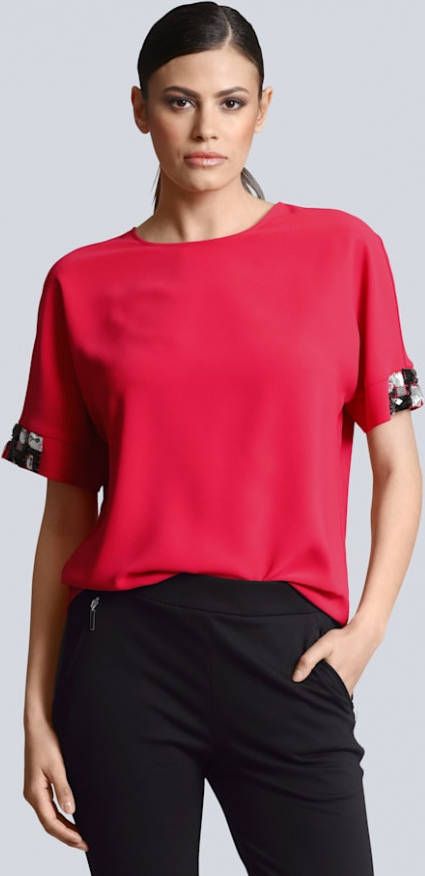 alba moda Blouse met siersteentjes op de mouwen Rood
