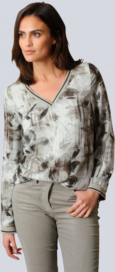 alba moda Blouse met tape bij de hals Taupe/Offwhite