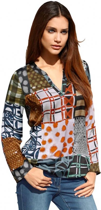 AMY VERMONT Blouse met trendy patchworkprint Taupe/Multicolor