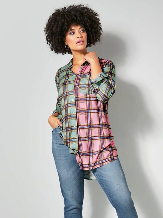 Angel of Style Blouse met bicolor ruitdessin Groen/Pink