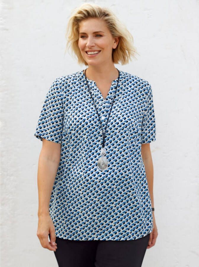 m. collection Blouse met grafisch dessin Wit/Zwart/Blauw