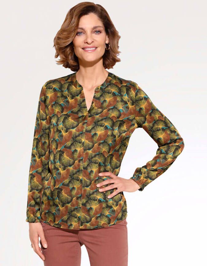 MONA Blouse met bladerenprint Groen/Bruin
