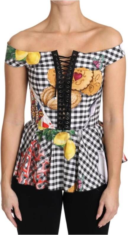 Dolce & Gabbana Corset Blouse Sicily Lemon Check Top , Wit, Dames