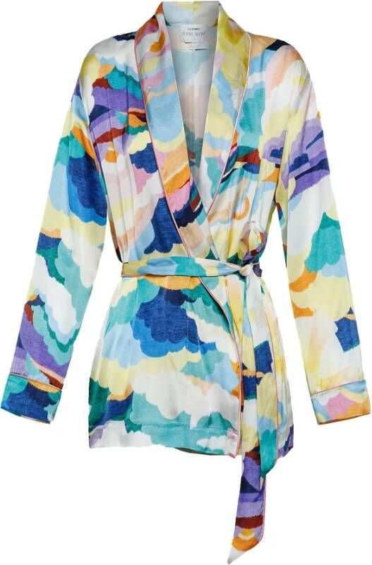 Forte Gedrukte satijnen jasje ochtend , Blauw, Dames