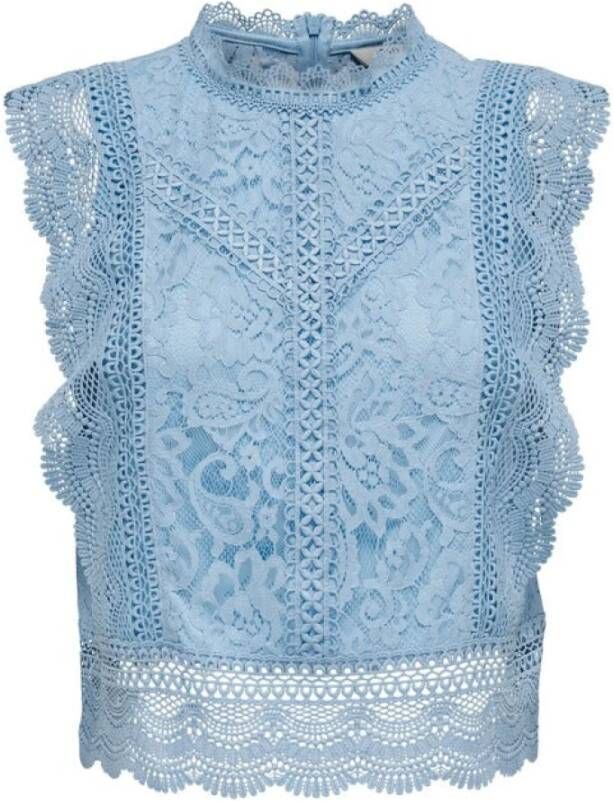ONLY semi transparante kanten top ONLKARO met borduursels lichtblauw