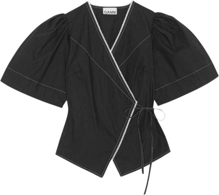 Ganni Poplin Wrap Blouse , Zwart, Dames