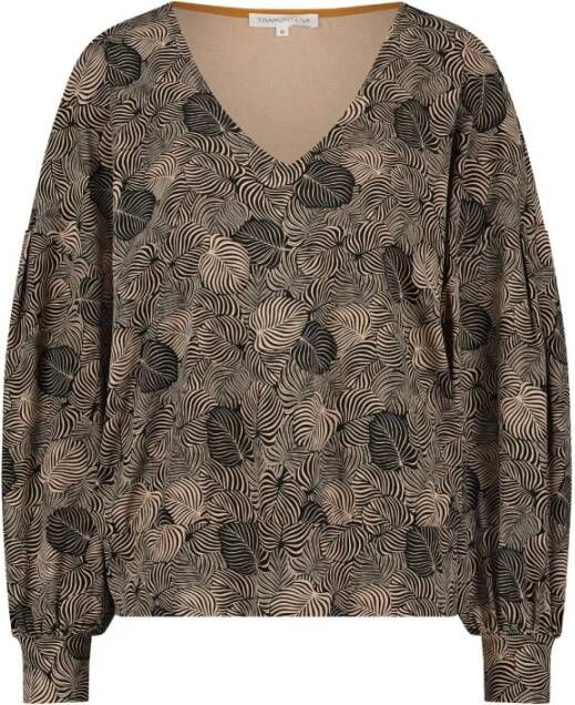 Tramontana top van travelstof met bladprint beige/zwart