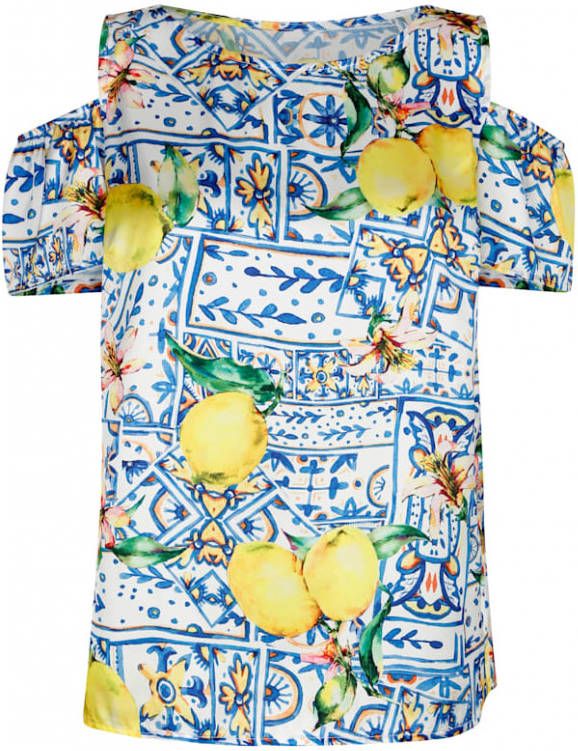 alba moda Blouse met cut outs aan de schouders Blauw/Geel/Wit