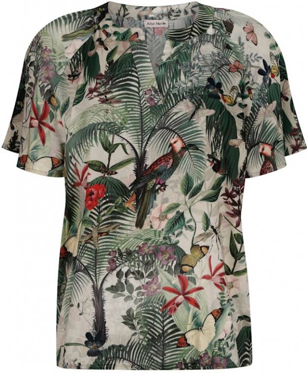 alba moda Blouse met jungledessin Groen/Rood/Beige