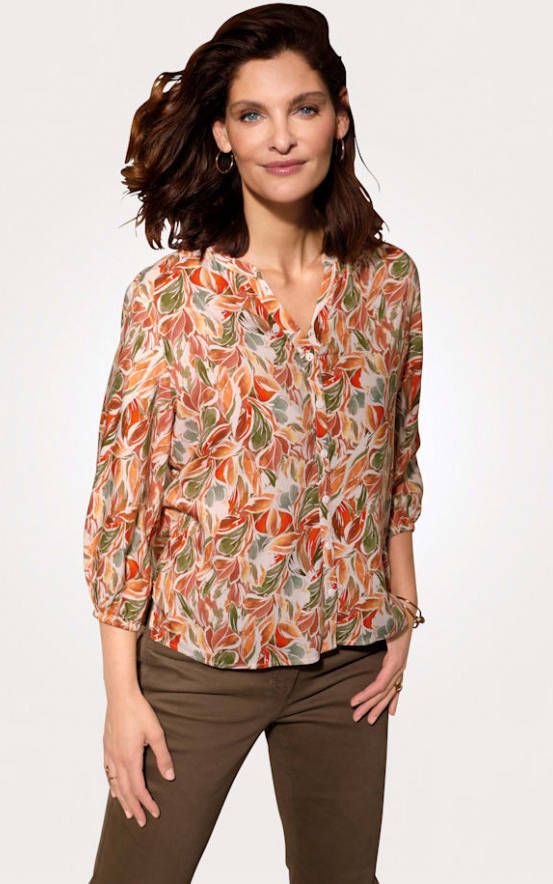 MONA Blouse met stijlvolle bladerenprint Wit/Koraal/Groen
