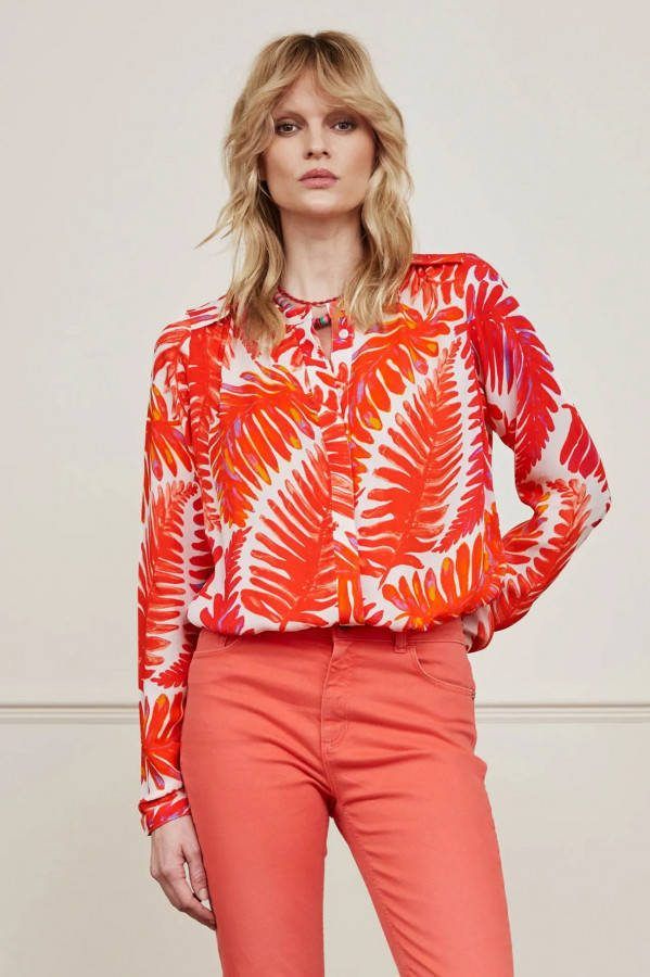 Fabienne Chapot blouse Sunset met bladprint oranje/gebroken wit
