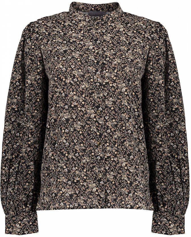 Geisha blouse met bladprint zwart/bruin/ecru
