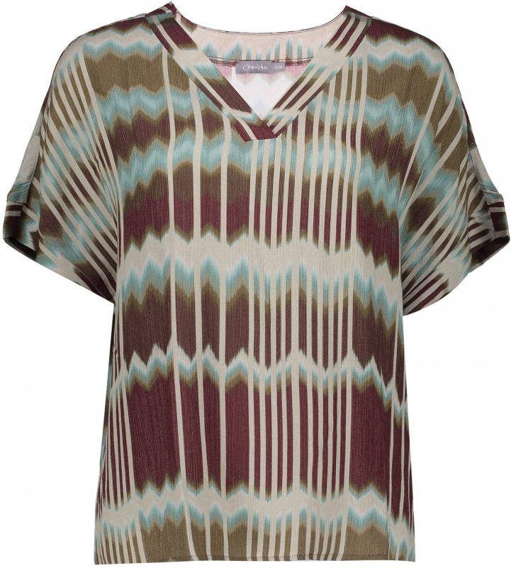 Geisha top met all over print roodbruin/bruin/blauw/ecru