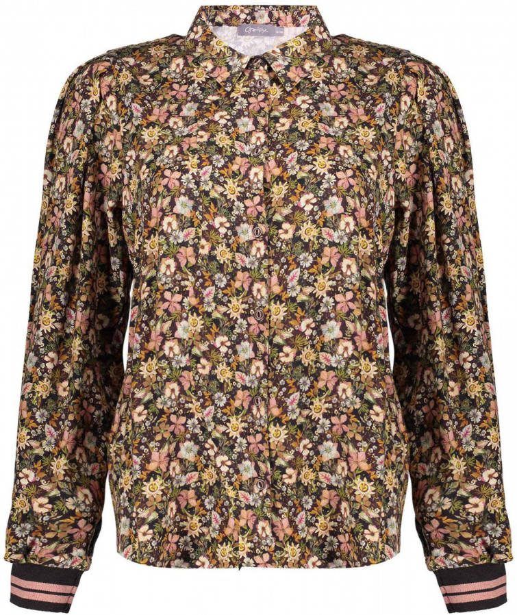 Geisha Blouse Olive Bruine bloem print , Bruin, Dames