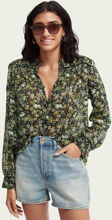 Scotch and Soda Tops Printed Smocked Sheer Shirt Zwart