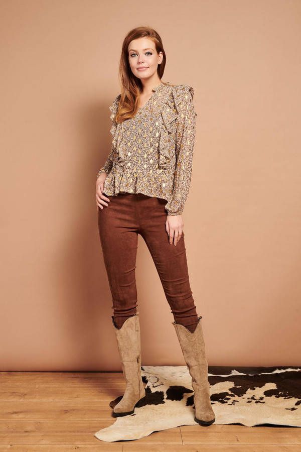 Smashed Lemon top July met all over print en franjes ecru/bruin/goud