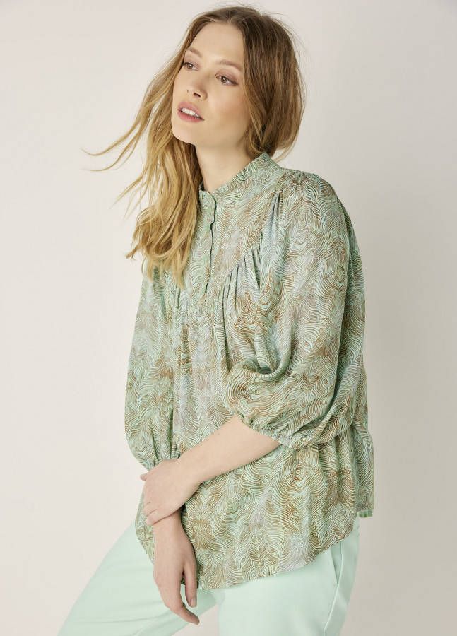 Summum Woman top met all over print en plooien groen/bruin