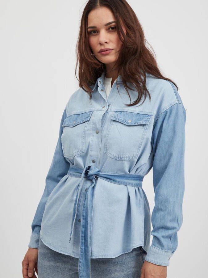 VILA denim blouse VISHIRON met ceintuur light blue denim