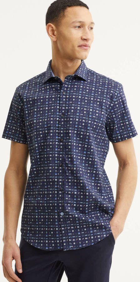 A fish named Fred slim fit overhemd met all over print donkerblauw