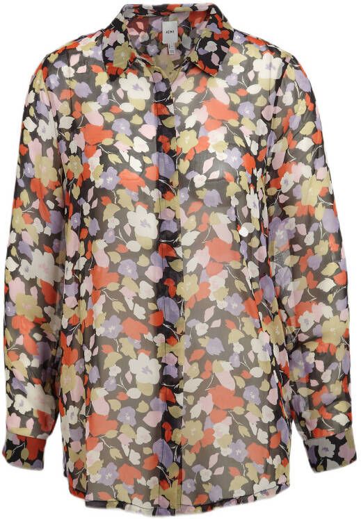 ICHI gebloemde semi transparante blouse IHCHIFFY van gerecycled polyester zwart/multi