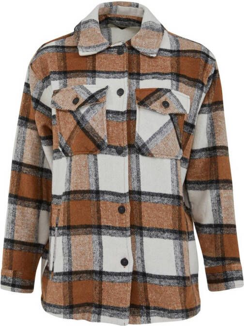 LTB geruite flanellen blouse Bicode camel/wit/zwart