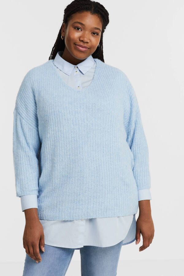 VERO MODA CURVE grof gebreide trui met driekwart VMJULIE lichtblauw