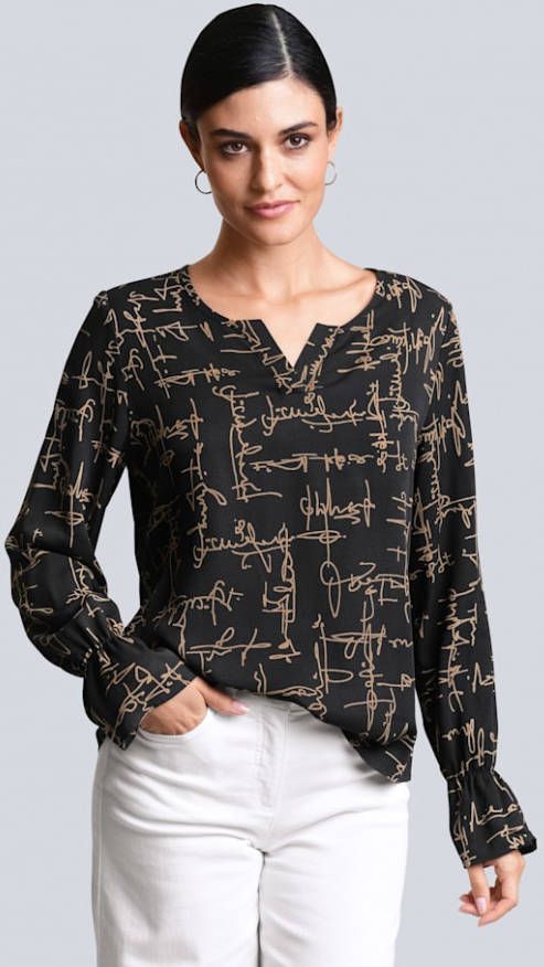 alba moda Blouse Elastisch smokmateriaal aan de mouwzomen Zwart/Cognac