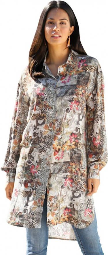 AMY VERMONT Lange blouse met abstracte bloemenprint Kaki/Oranje